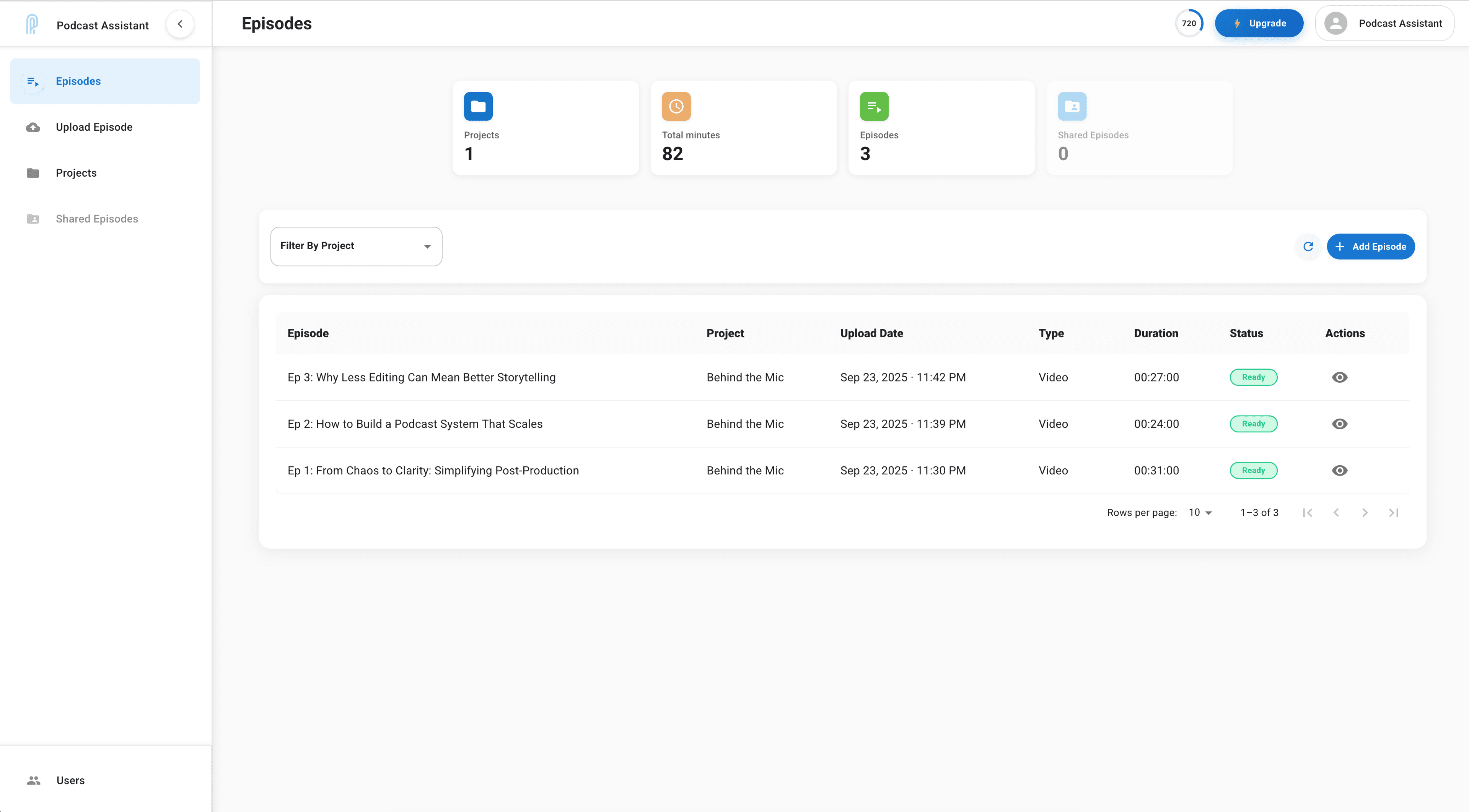 Podcast Assistant episode library dashboard showing organized podcast episodes